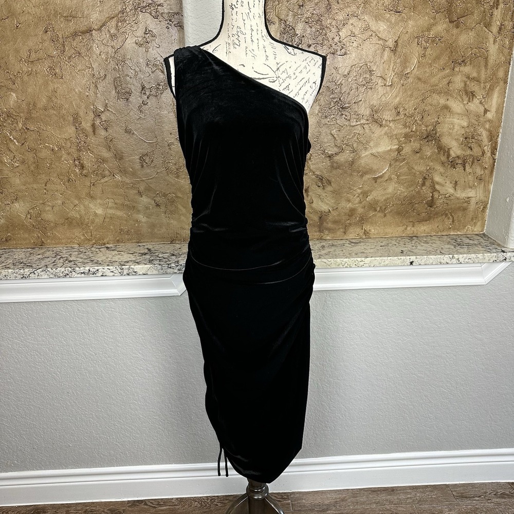 House of Harlow 1960 Dress Womens Large Velvet One Shoulder Midi Ruched Black